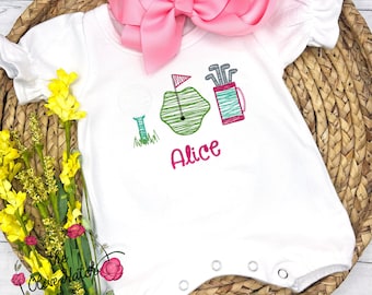 Girls Golf Romper, Embroidered Golf Cart Outfit, Personalized Baby Clothes