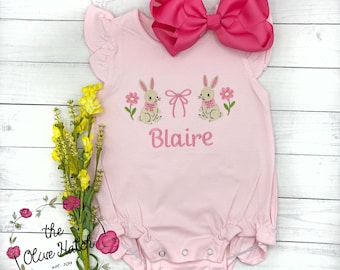 Burbuja para niñas con monograma, conjunto bordado de Pascua, conejito personalizado, personalizado