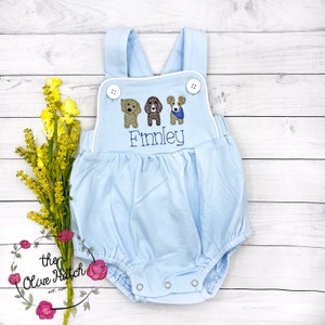 Monogrammed Boys Sunsuit / Puppy Sunsuit / Summer Boy Outfit / Summer Outfit / Dog Birthday / Puppy Birthday / Embroidery / Birthday Outfit