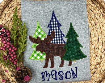 Applique Moose Boy Shirt: Pine Tree, Personalized Winter Tee,  Kids Tee, Custom, Toddler