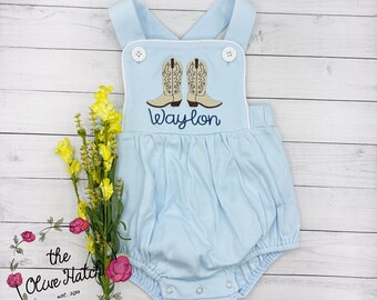Monogrammed Cowboy Boots Sunsuit, Embroidered Baby Boy Outfit, Western Bubble