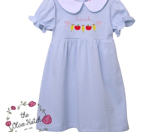 Personalized Back to School Dress - Applique Embroidery, Blue Stripe