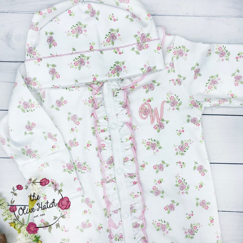Baby Girl Coming Home outfit / Baby Girl Clothing / Monogrammed Footie / Personalized Baby Gift/ Monogrammed Sleeper/ Newborn Pictures /Pima image 2