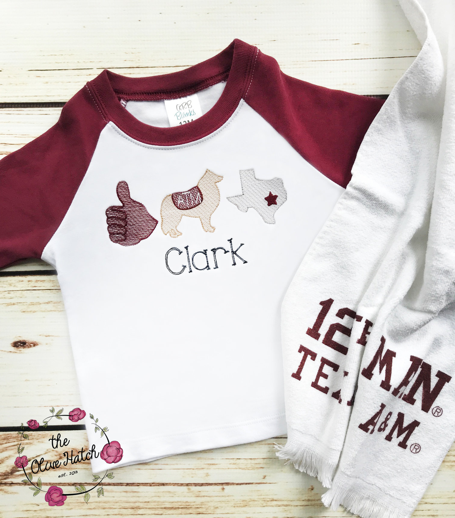 Applique Embroidery Team Spirit Football Trio Sketch Shirt Maroon and White