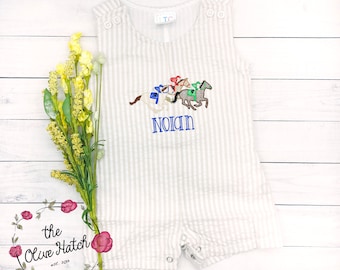Embroidered Derby Horse Seersucker Romper: Personalized Boy Jonjon