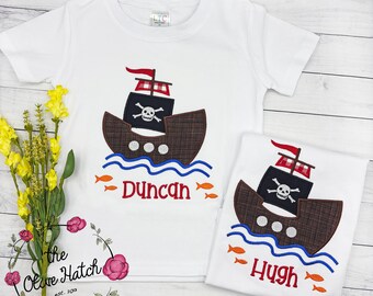 Applique Pirate Ship Shirt: Custom Embroidered Boat, Summer Vacation, Personalized Kids Tee, Custom, Toddler