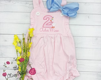 Monogrammed Goose Birthday Sunsuit: Pink Girls Romper