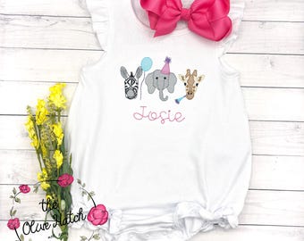 Personalized Zoo Animal Romper, Embroidered Safari Bubble