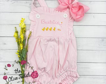 Monogrammed Goose Embroidered Girls Sunsuit, Pink Cotton Romper