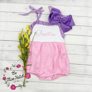 Summer Monogrammed Sunsuit / Purple Pink Bubble / Summer Girl Outfit / Monogrammed Girls Bubble / Baby Shower gift / Embroidered Bubble