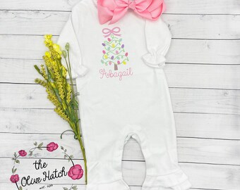 Christmas Tree Embroidered Romper, Christmas Girl Outfit, Customized, Personalized Holiday