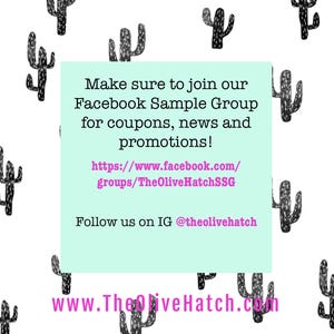 Puede incluir: Fondo blanco con un patr&oacute;n de ilustraciones de cactus negros. Un cuadrado azul claro contiene texto que invita a los espectadores a unirse a un grupo de Facebook para cupones, noticias y promociones, con una direcci&oacute;n web y un identificador de Instagram.