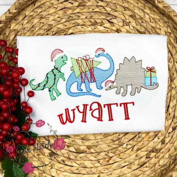 Personalized Christmas Dinosaur Shirt, Embroidered Holiday Dino Tee
