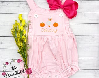 Monogrammed Goose Embroidered Sunsuit: Pink Cotton Romper Fall Outfit