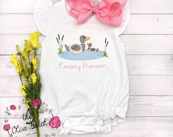 Monogrammed Mallard Romper: Embroidered Baby Girl Outfit