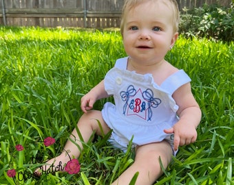 Fourth of July Girl Outfit / Monogrammed Girls Sunsuit / Girl Summer Outfit / Girl Patriotic Outfit / Girl Monogram Outfit Embroidery