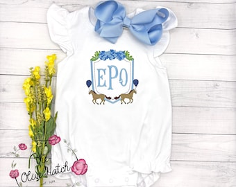 Monogrammed Horse Romper: Embroidered Summer Girl Outfit, Personalized Derby, Kids, Toddler