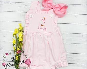 Monogrammed Goose Sunsuit - Pink Embroidered Romper