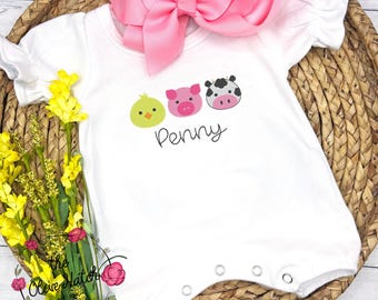 Embroidered Farm Animal Romper: Personalized Chick, Pig, Cow, Toddler Outfit, Kids, Custom