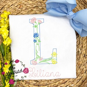 Floral Monogram Girl Shirt: Embroidered Wildflower Initial, Toddler, Kids, Personalized Tee, Custom