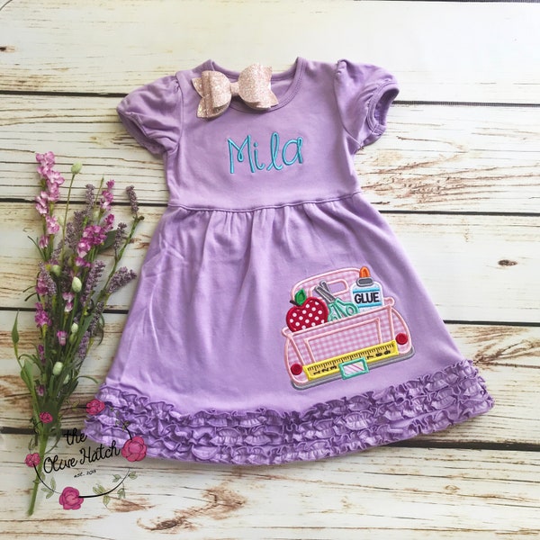 Back to School Shirt - Back to School Dress -- Girl Back to School -- Supply Truck Shirt - Preschool Shirt - Applique Embroidery