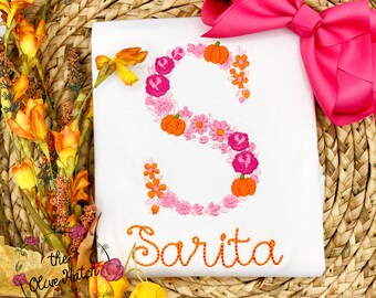 Fall Floral Pumpkin Monogram Girl Shirt – Embroidery Initial