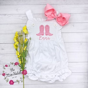 Monogrammed Cowgirl Sunsuit: Embroidered Pink Boots Outfit, Western