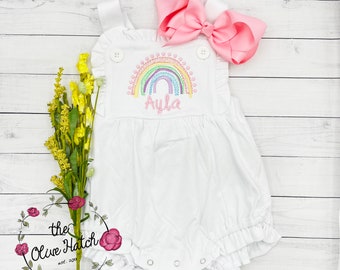 Rainbow Sunsuit / Summer Monogrammed Sunsuit /  Rainbow Bubble / Summer Girl Outfit / Monogrammed Girls Bubble / Embroidered Bubble