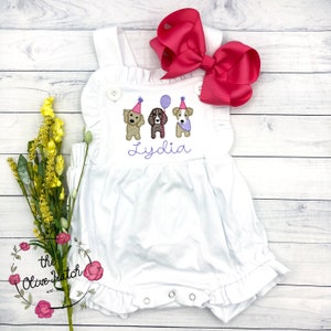 Birthday Outfit - Monogrammed Girls Sunsuit - Summer Girl Outfit - Summer Outfit- Dog Birthday - Puppy Birthday - Embroidery