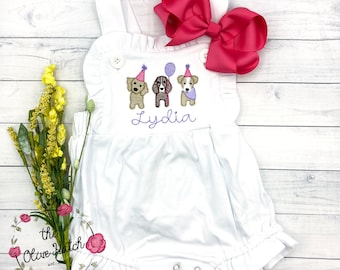 Birthday Outfit - Monogrammed Girls Sunsuit - Summer Girl Outfit - Summer Outfit- Dog Birthday - Puppy Birthday - Embroidery