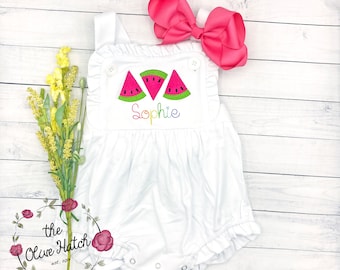 Summer Monogrammed Sunsuit / Watermelon Monogram / Summer Girl Outfit / Monogrammed Girls Bubble - Baby Shower gift / Embroidered Bubble
