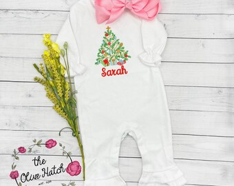 Christmas Tree Embroidered Romper, Christmas Girl Outfit, Customized, Personalized Holiday