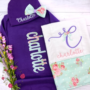 Baby Outfit - Mint and Purple -- Baby Shower Gift - Custom - Applique Embroidery