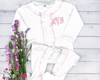 Baby Girl Coming Home outfit / Baby Girl Clothing / Monogrammed Footie / Personalized Baby Gift/ Monogrammed Sleeper/ Newborn Pictures /Pima