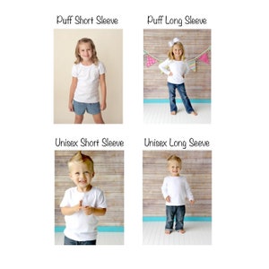 May include: Four images showing different styles of white t-shirts for children. The first image shows a girl wearing a white puff short sleeve t-shirt. The second image shows a girl wearing a white puff long sleeve t-shirt. The third image shows a boy wearing a white unisex short sleeve t-shirt. The fourth image shows a boy wearing a white unisex long sleeve t-shirt.