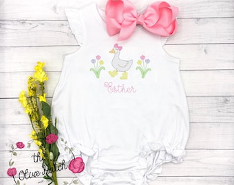 Monogrammed Goose Baby Romper - Embroidered Girl Outfit