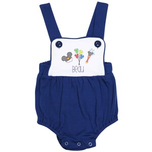 Embroidered Mouse Sunsuit: Personalized Baby Summer Outfit Navy/White Block