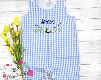 Embroidered Mallard Duck Gingham JonJon - Personalized Boy Outfit