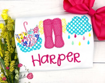 Applique Rain Boots Shirt: Embroidered Spring,  Personalized Kids Tee, Custom, Toddler