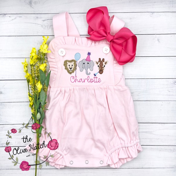 Zoo Girl Outfit / Monogrammed Girls Sunsuit / Zoo Birthday  / Summer Girl Outfit / Safari Outfit / Zoo Outfit / Girl Zoo Outfit  Embroidery