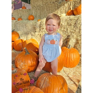 Monogrammed Pumpkin Sunsuit: Embroidered Fall Outfit, First Halloween, Toddler, Personalized