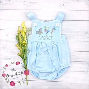 Embroidered Mouse Sunsuit: Personalized Baby Summer Outfit Lt Blue