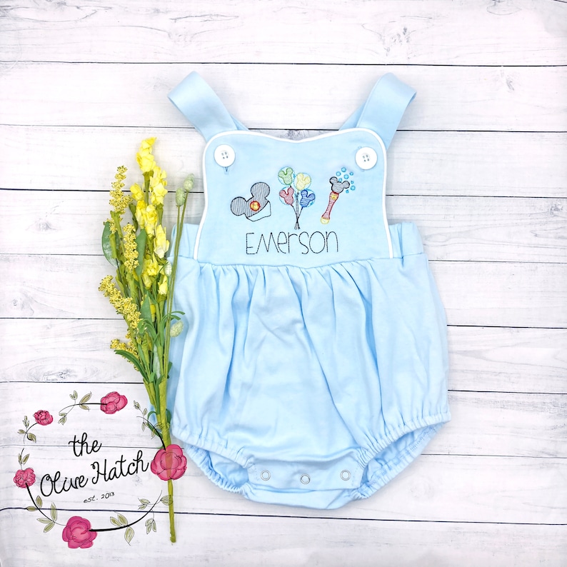 Embroidered Mouse Sunsuit: Personalized Baby Summer Outfit Lt Blue