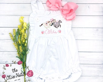 Horse Outfit / Monogrammed Girls Sunsuit / Summer Girl Outfit / Horse Birthday / Derby Outfit / Horse Girl Outfit / Derby Birthday