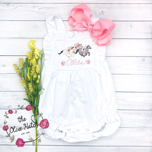 Horse Outfit / Monogrammed Girls Sunsuit / Summer Girl Outfit / Horse Birthday / Derby Outfit / Horse Girl Outfit / Derby Birthday