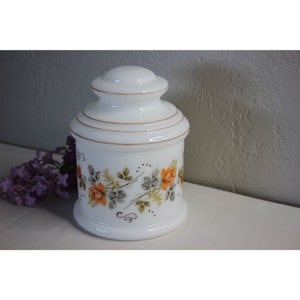 Vintage Milk Glass Apothecary Jar Orange Flowers Floral Canister