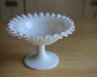 Vintage Fenton Silvercrest White Clear Ruffled Compote Pedestal Candy Nut Dish