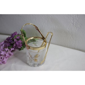Vintage Italy Personal Ice Bucket Wheat Pattern Gold Trim and Handle Tongs Grabber Included
