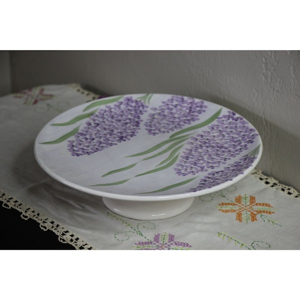 Vintage Cooks Club Cake Pastry Stand Plate Hand Painted Purple Flowers Green Leaves