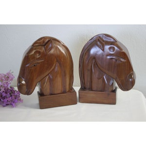 Vintage Pair Horse Head Bookends Caribcraft Solid Mahogany Haiti